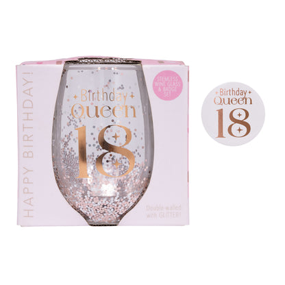 Celebration 18th Glitter Stemless Glass & Badge Set