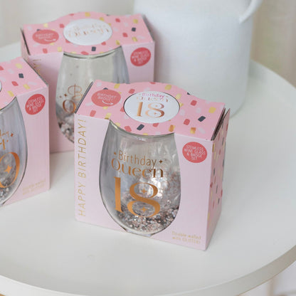 Celebration 18th Glitter Stemless Glass & Badge Set