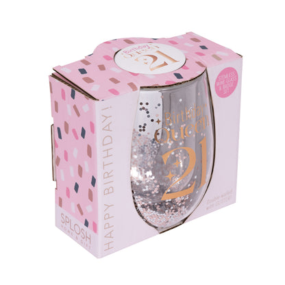 Celebration 21st Glitter Stemless Glass & Badge Set