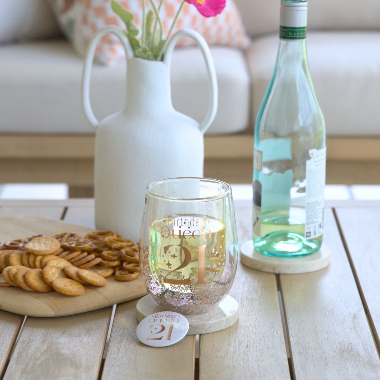 Celebration 21st Glitter Stemless Glass & Badge Set