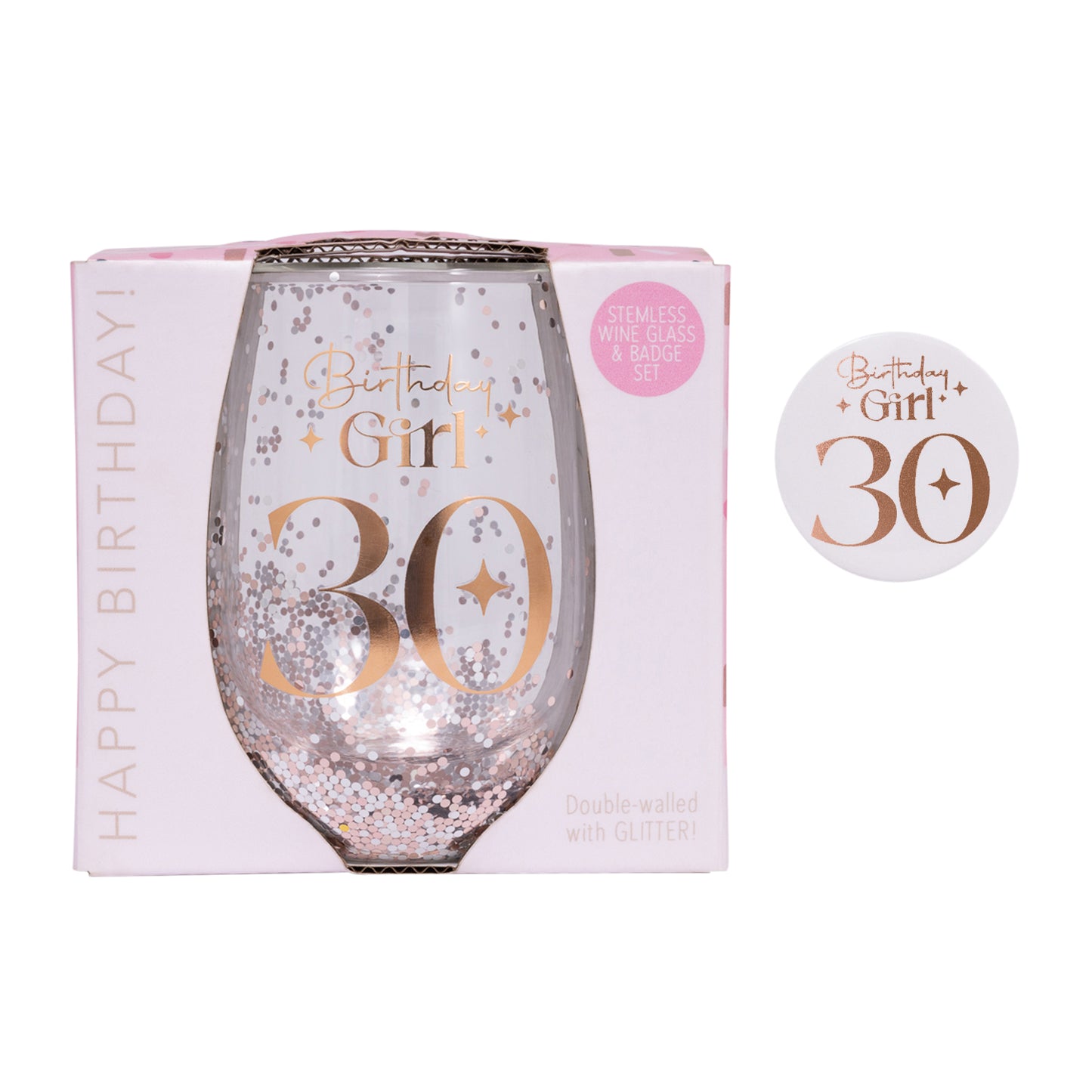 Celebration 30th Glitter Stemless Glass & Badge Set
