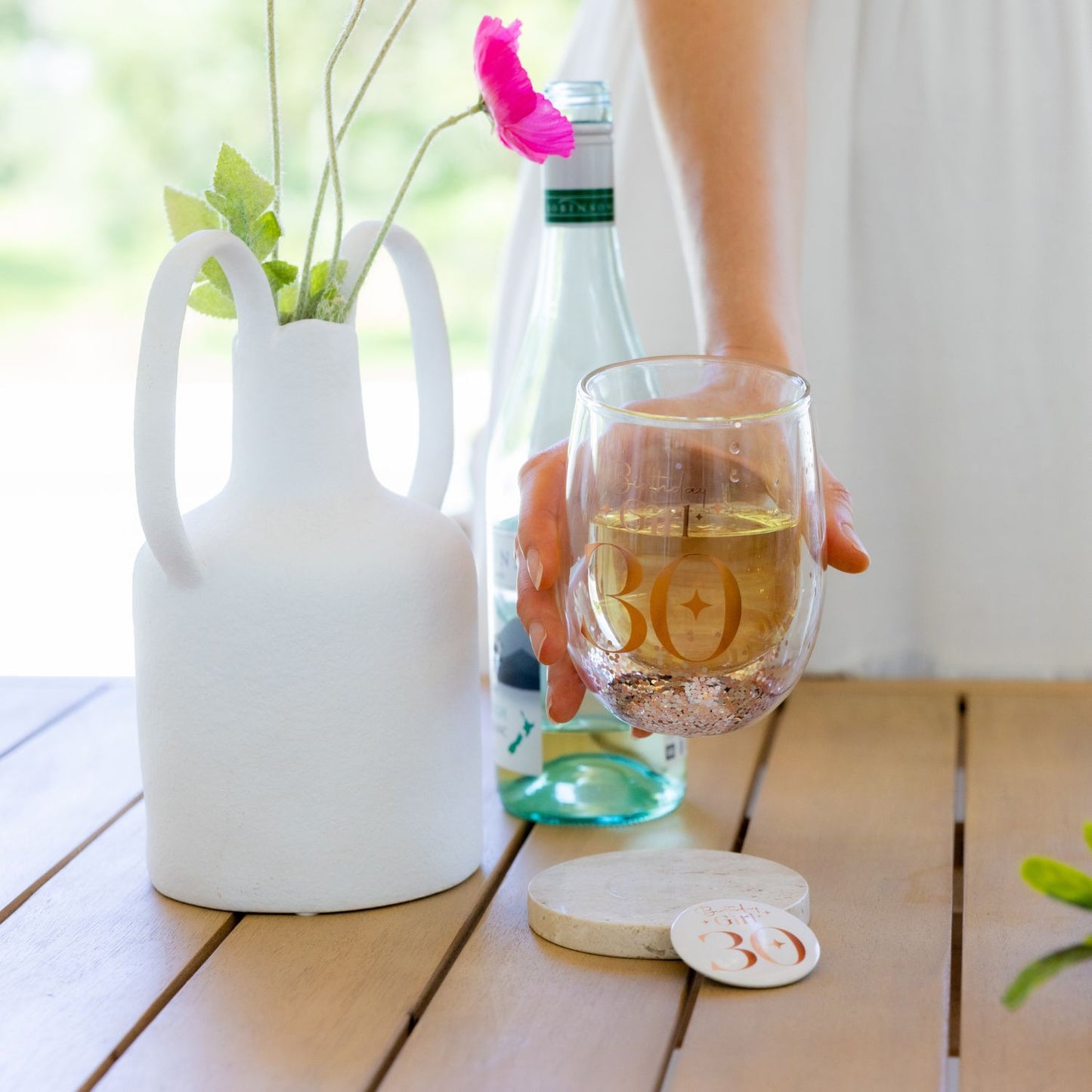 Celebration 30th Glitter Stemless Glass & Badge Set