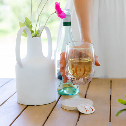 Celebration 30th Glitter Stemless Glass & Badge Set