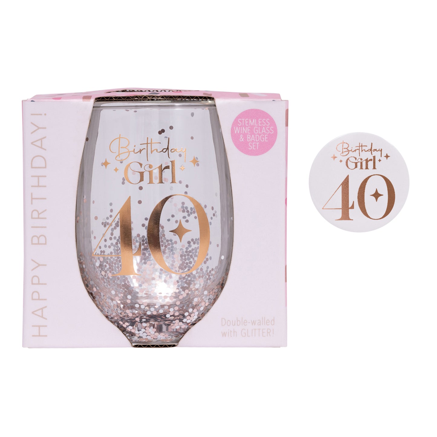 Celebration 40th Glitter Stemless Glass & Badge Set
