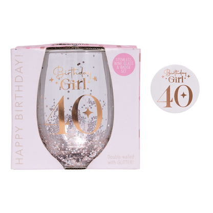 Celebration 40th Glitter Stemless Glass & Badge Set