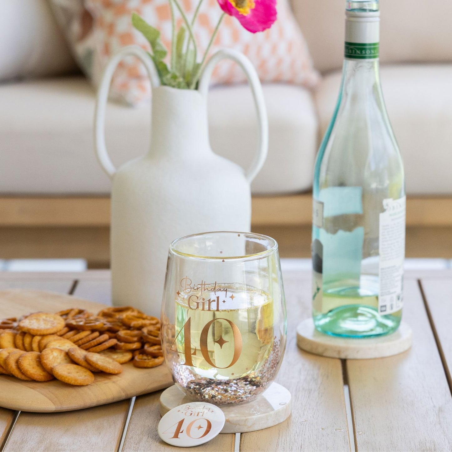 Celebration 40th Glitter Stemless Glass & Badge Set