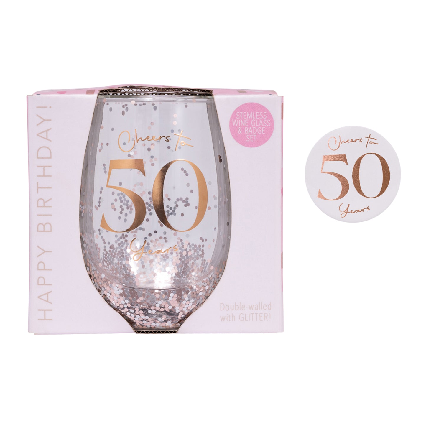 Celebration 50th Glitter Stemless Glass & Badge Set
