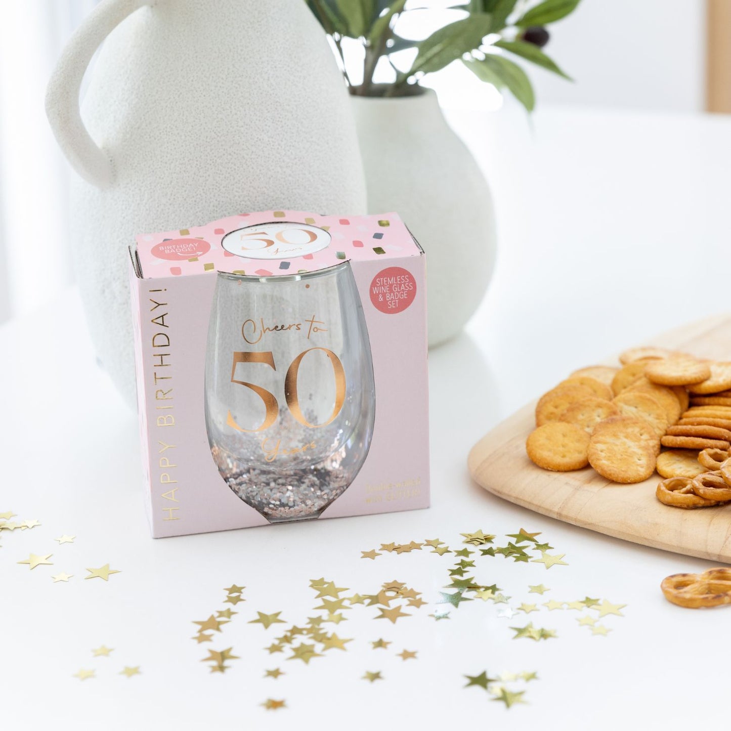 Celebration 50th Glitter Stemless Glass & Badge Set