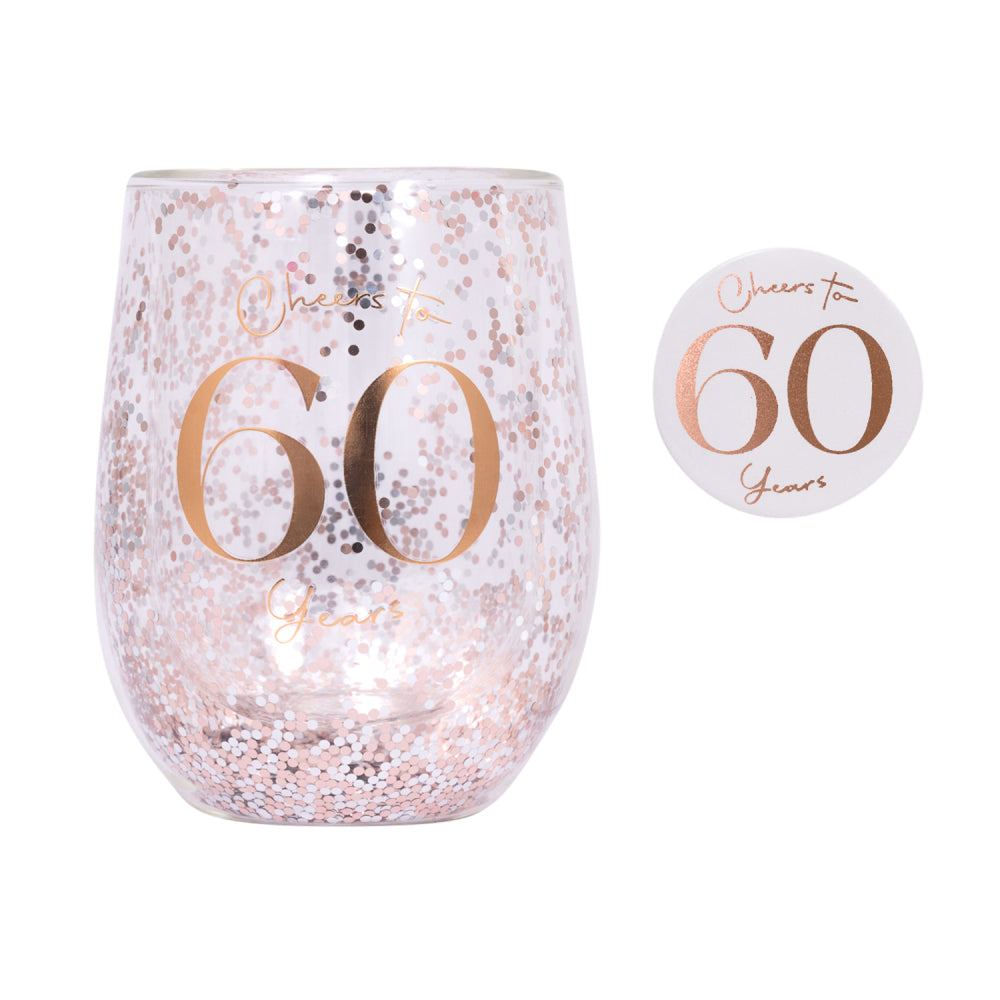 Celebration 60th Glitter Stemless Glass & Badge Set