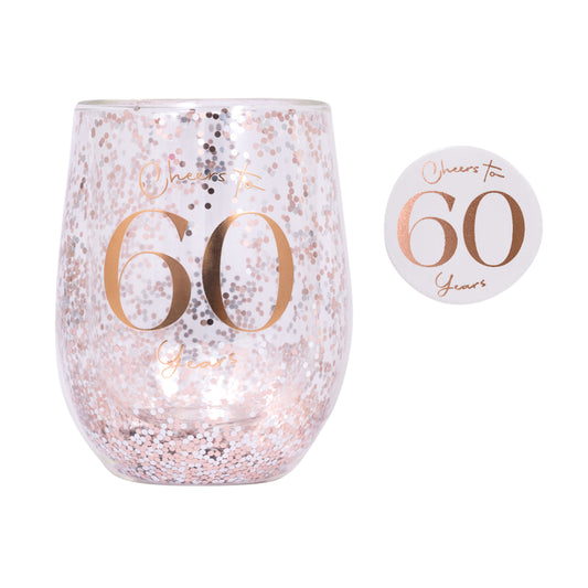 Celebration 60th Glitter Stemless Glass & Badge Set