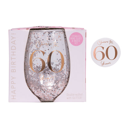 Celebration 60th Glitter Stemless Glass & Badge Set