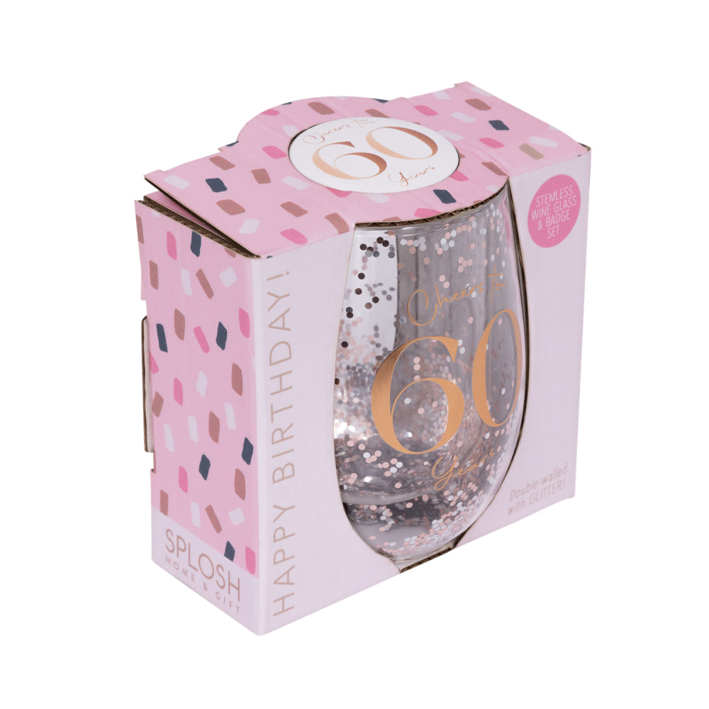 Celebration 60th Glitter Stemless Glass & Badge Set