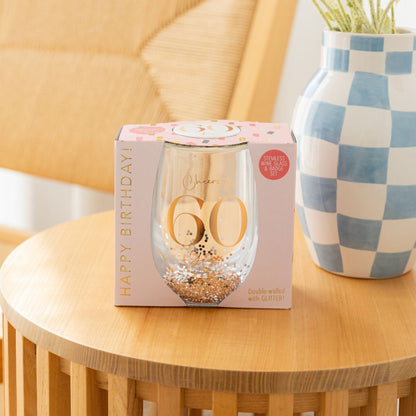 Celebration 60th Glitter Stemless Glass & Badge Set