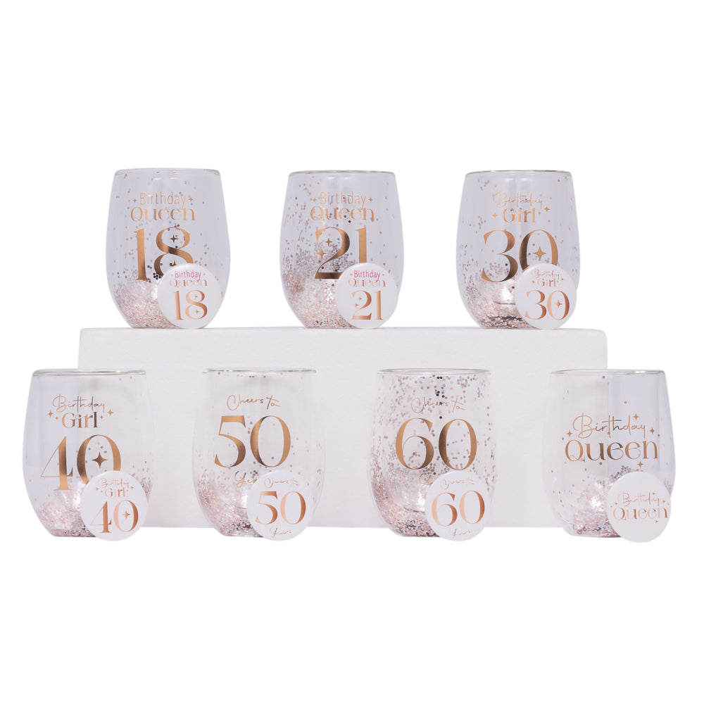 Celebration Birthday Glitter Stemless Glass & Badge Set