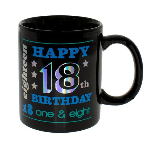 HAPPY 18TH BLACK HOLO MUG