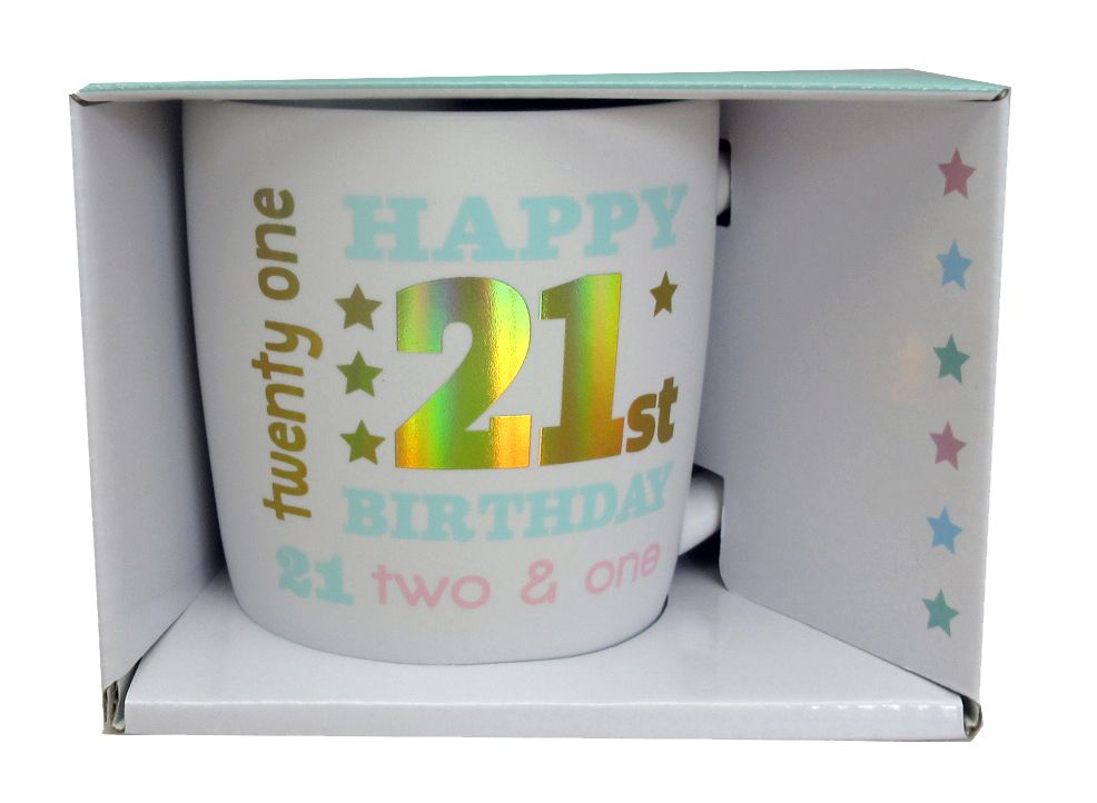 HAPPY 21ST WHITE GOLD FOIL MUG