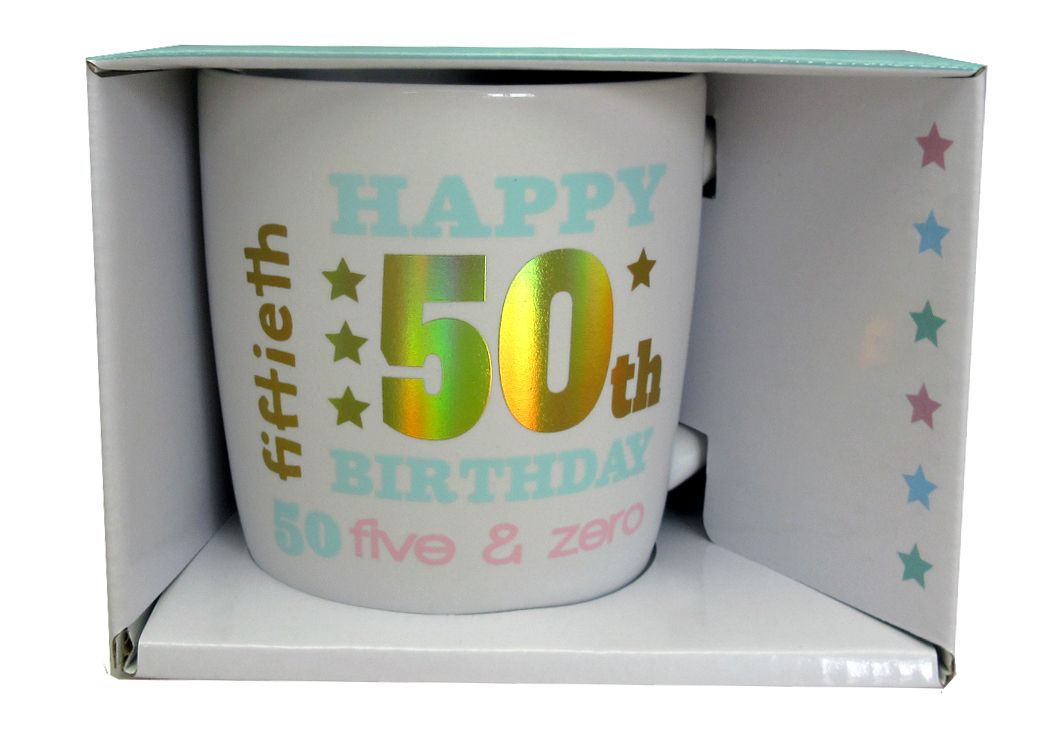 HAPPY 50TH WHITE GOLD FOIL MUG