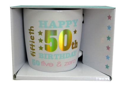 HAPPY 50TH WHITE GOLD FOIL MUG