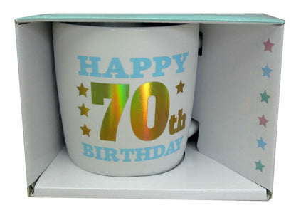 HAPPY 70TH WHITE GOLD FOIL MUG 