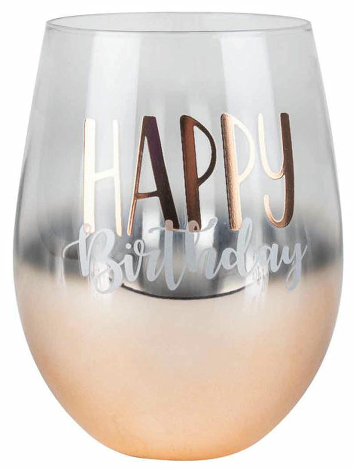 HAPPY B DAY ROSE GOLD OMBRE STEMLESS WINE GLASS 