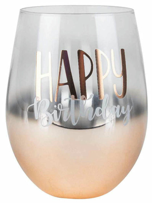 HAPPY B DAY ROSE GOLD OMBRE STEMLESS WINE GLASS 