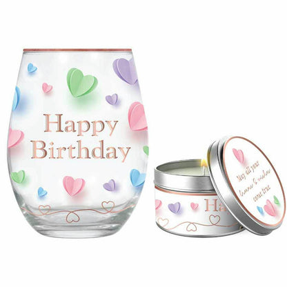 HAPPY BIRTHDAY STEMLESS GLASS AND CANDLE GIFT SET 